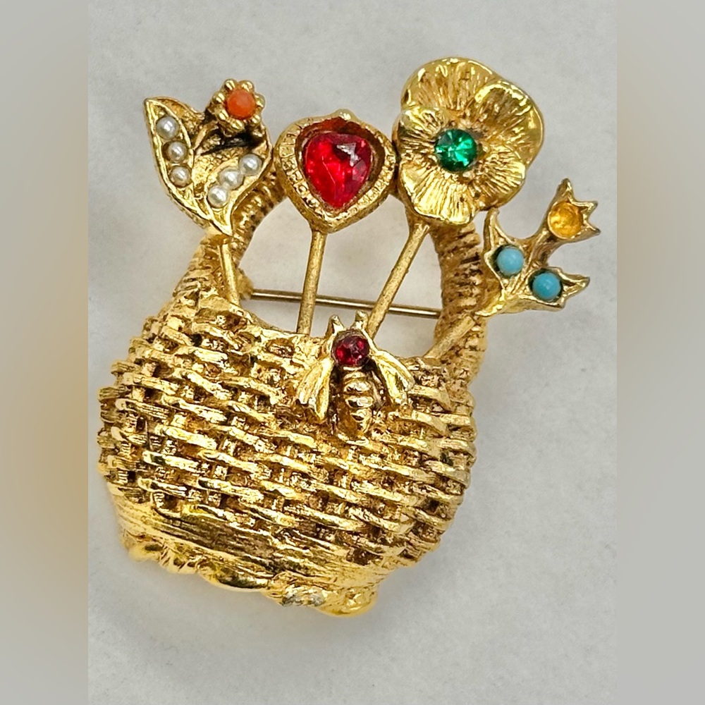 Vintage Goldette Flower Basket Brooch Pin Rhinestone Red Green Turquoise Pearl